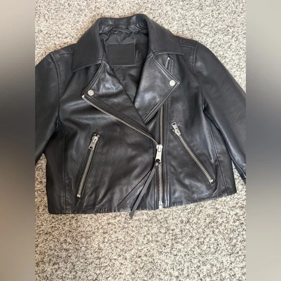 All Saints DALBY CROPPED LEATHER BIKER JACKET - Picture 3 of 8
